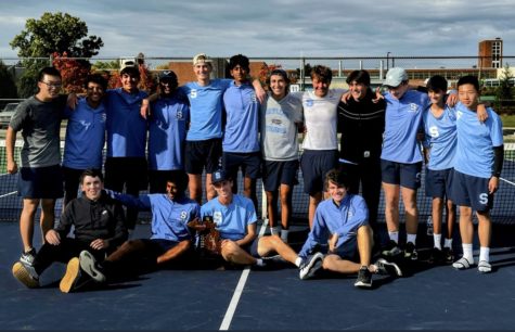 The Skyline Varsity Boys Tennis Team poses with the District Trophy after winning Districts at Pioneer High School. Credit: Zosia Casterline