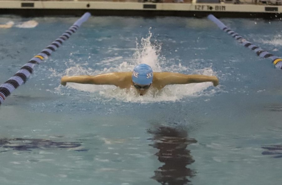 Skyline swimmer crushes the 200 I.M. against Dexter at the bird bath