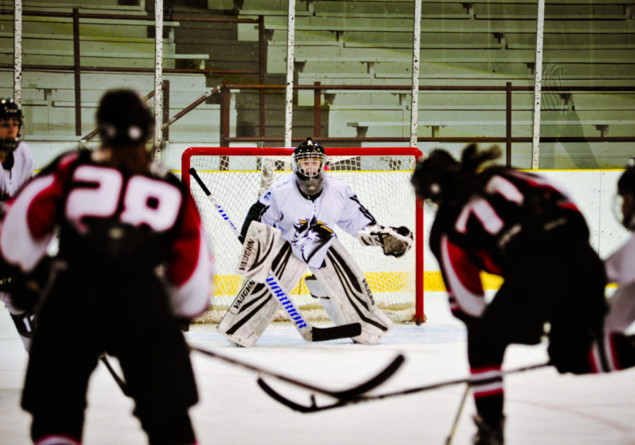 Monique Dionne ('23) saves a goal against Walled Lake 