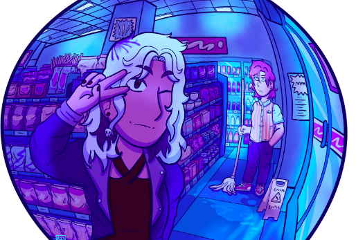 A digital art piece of a lively convenience store by Ray Neiburger.