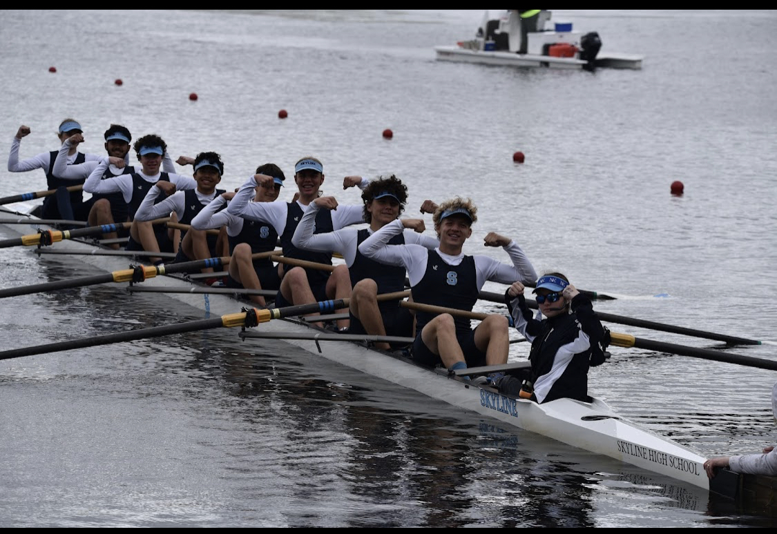 Sylvie Bleckman (‘26) coxing on the far right with her men’s eight at states. Credit: D. Chiang.