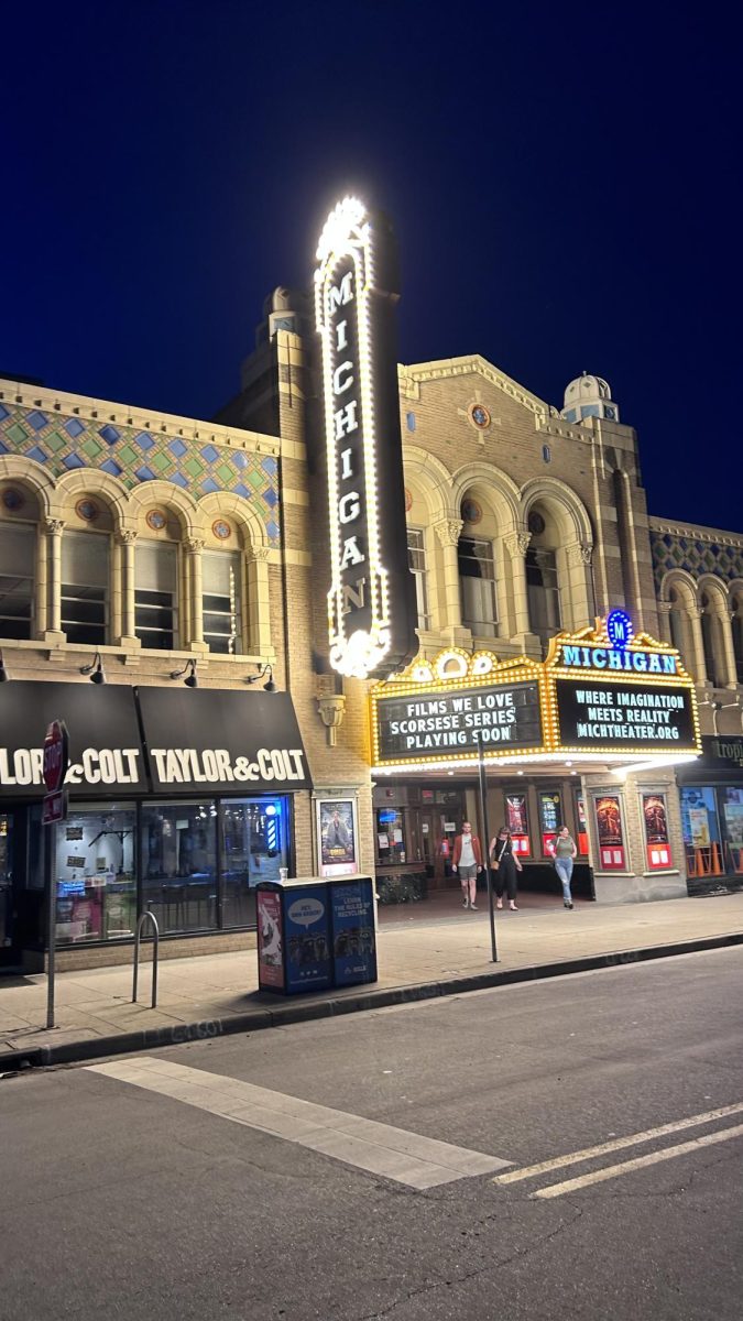 Twilight Photo of Michigan Theater in Downtown Ann Arbor, a great place to watch a movie. Credit: A. Gupta.