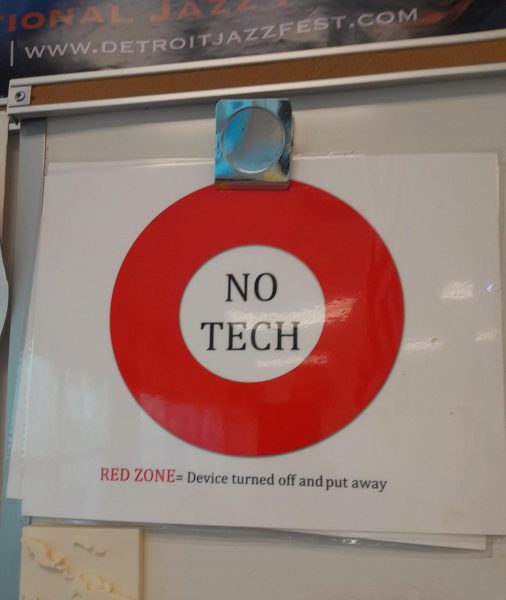 No tech sign hanging in the front of Mr. Hannahs classroom. Credit: S. von der Lieth