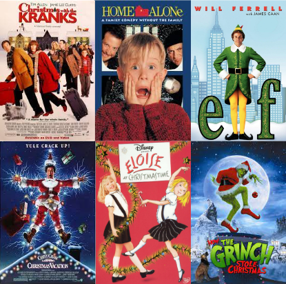 A collage of our favorite Christmas films. Credits: 20th Century Fox Hughes Entertainment, DiNovi Pictures, National Lampoon, Warner Bros, Columbia Pictures, Revolution Studios, 1492 Pictures and Imagine Entertainment.