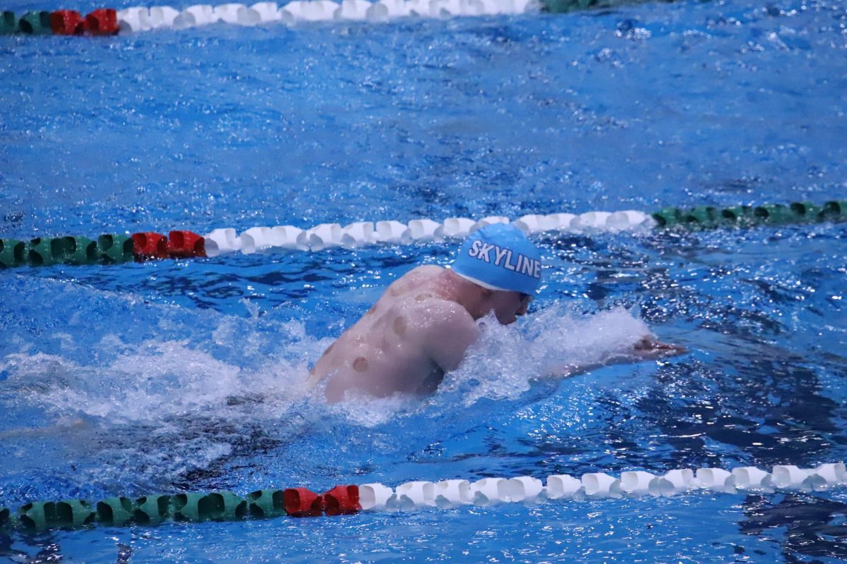 Lucas Caswell swims in the 200 IM Finals at the 2024 MHSAA D2 State Championships. Credit: Nicole McKelvey.