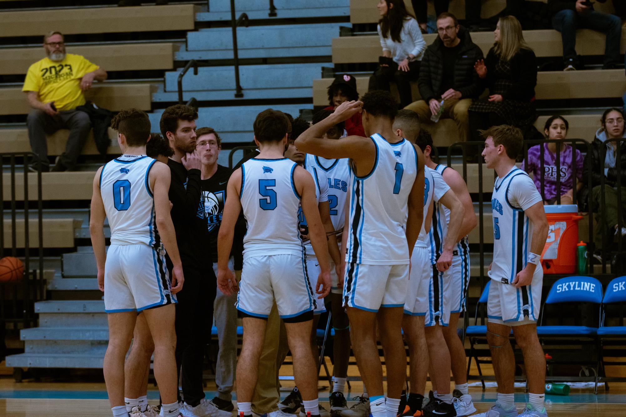 Skyline Varsity Basketball team talking about their strategy during one of their home games. Credit: Jackson Armstrong.