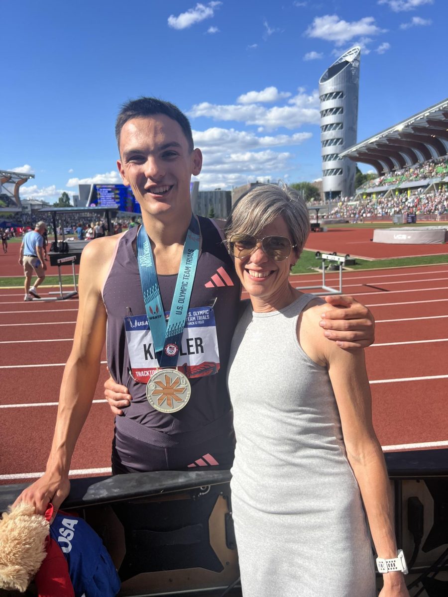 Serena Kessler, the Skyline Cross Country Coach, pictured with her son Hobbs Kessler (left) at the 2024 USA Olympic tryouts. 