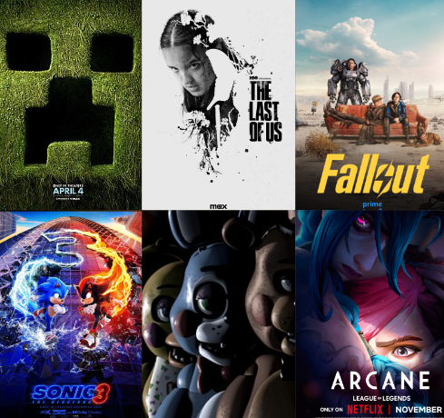 A collage of upcoming movie and tv shows based on video games. (Sony Interactive Entertainment, Amazon Prime Video, Scott Cawthon Click Team, Warner Bros, Sega, Netflix)