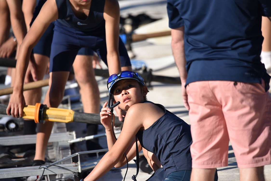 Amy Zheng ('28) coxing for the St. Mary's Regatta at Orchard Lake.