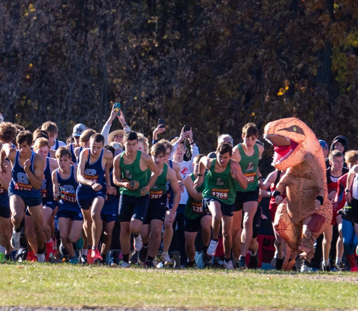 A very humorous start to a race, as a t-rex joins the 2024 Regionals meet.