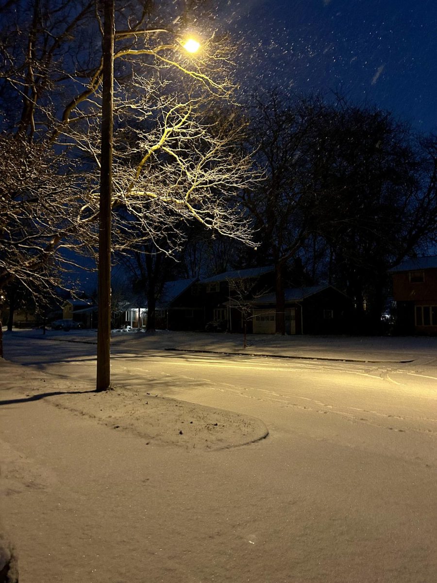 A light dusting of snow falls outside. 