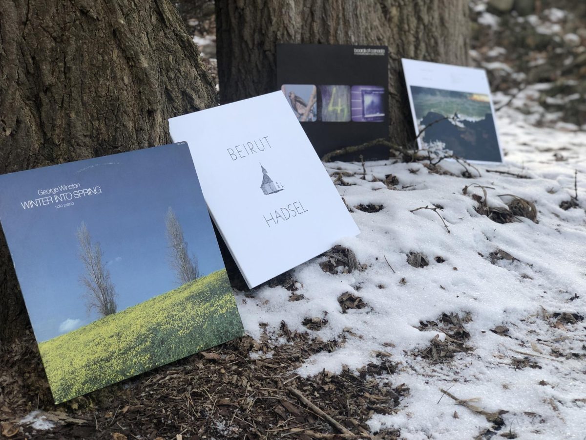 A few of the selected albums in their natural habitat: the winter snow.