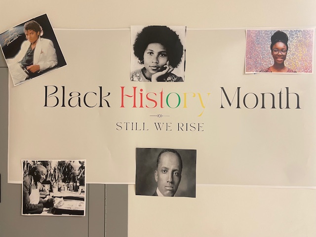 Black History Month sign hanging outside of room C417.