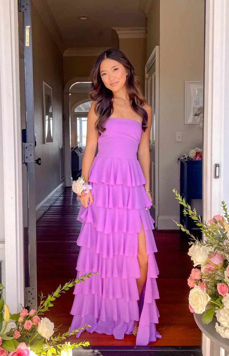 Kim Magenta Strapless Ruffle Maxi Dress from Beginning Boutique