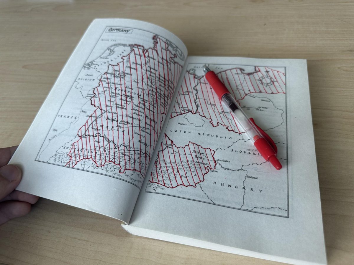 Germania’s map of Germany; historical German territory is shaded in red. Photo by Ian Saucer-Zeoli.