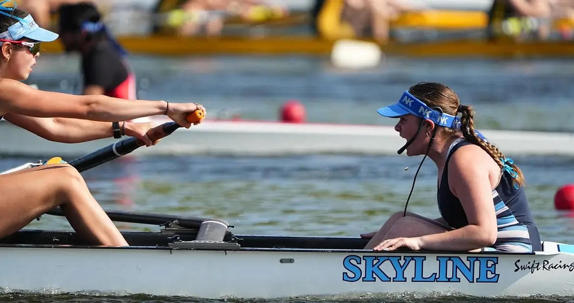 Sylvie Bleckman ('26) coxes Keira Hale ('25) at Midwests 2025.