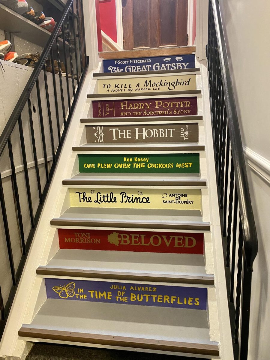 The Great Gatsby caps off AP Language teacher Brittany Ray's ascending bookshelf.