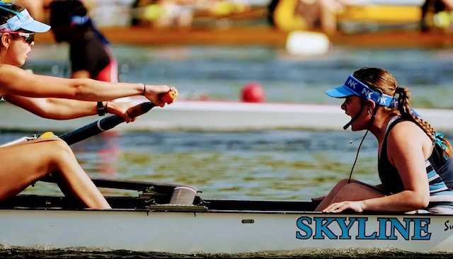 Sylvie Bleckman (Skyline/CHS '25) coxes Kira Hale ('25) at Midwests