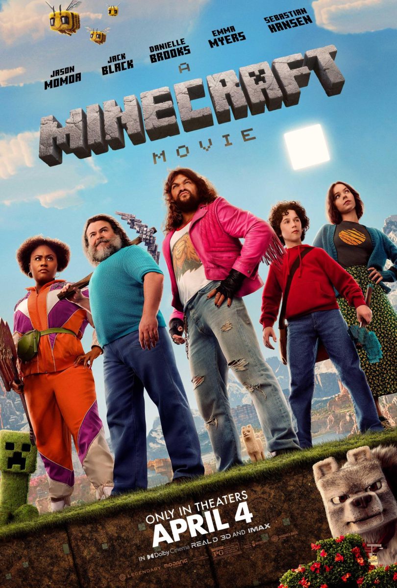 The five main protagonists posing for A Minecraft Movie poster.