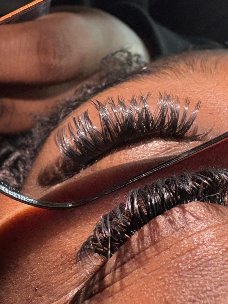 A detailed view of lash extensions emphasizes the precision and care behind the beauty process.