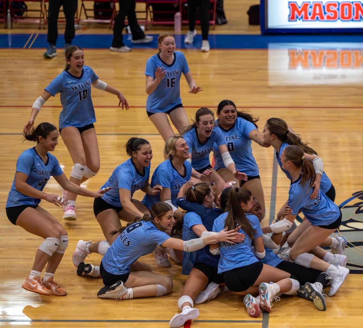 Skyline Women's Volleyball celebrating after a big win.