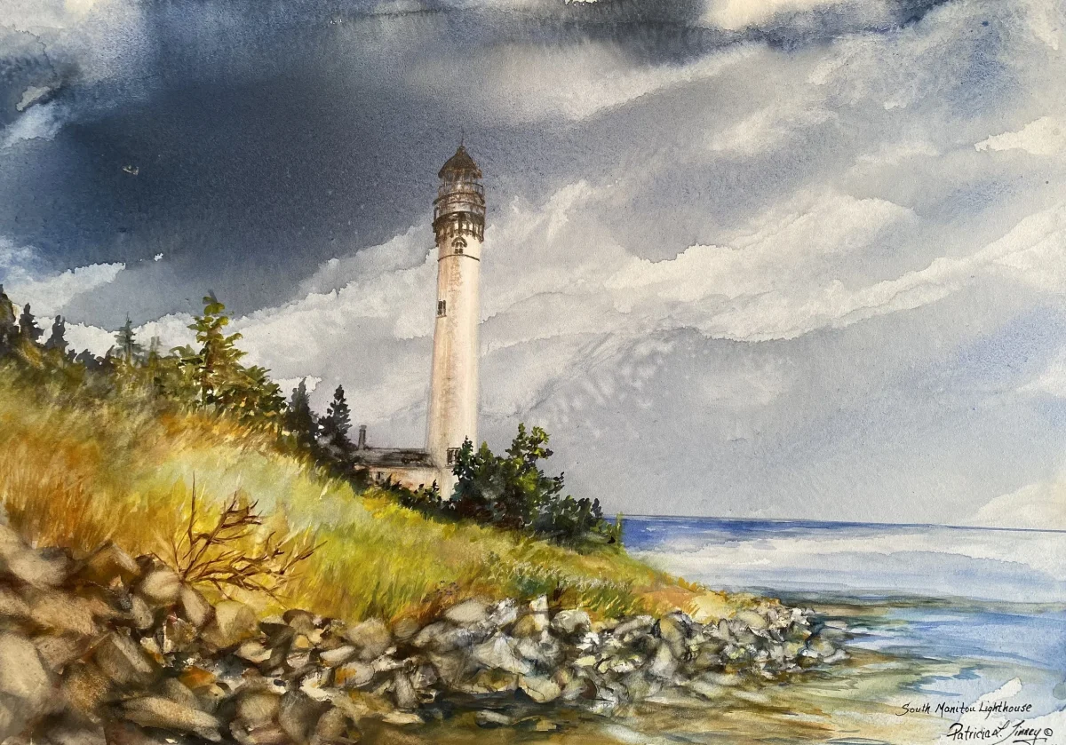 South Manitou Light, watercolor painting by Patricia Tinney.