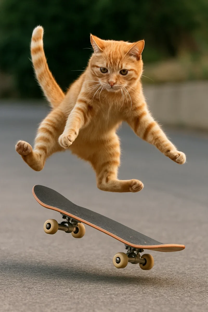 Image made by Sora of a cat doing a kick-flip.