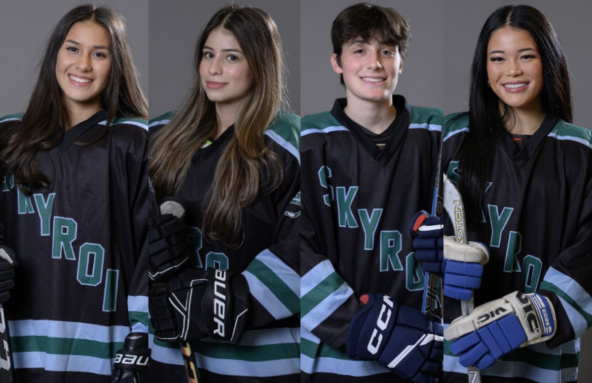 4 Skyron Hockey seniors posing on media day: Gabi Arocha ('26), Sofia Christina (‘26), Heather Shriberg ('26), and Stephanie Chen ('26)