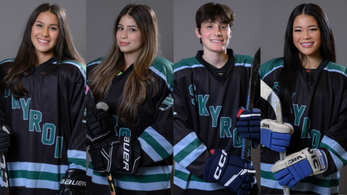 4 Skyron Hockey seniors posing on media day: Gabi Arocha ('26), Sofia Christina (‘26), Heather Shriberg ('26), and Stephanie Chen ('26)