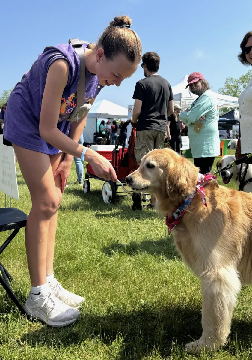 Olivia Serlin ('28) feeding a dog at Huron Valley Humane Society event.